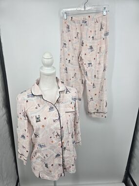 BedHead Pink Paris-Print Button Up Pajama Set XS (6709)
